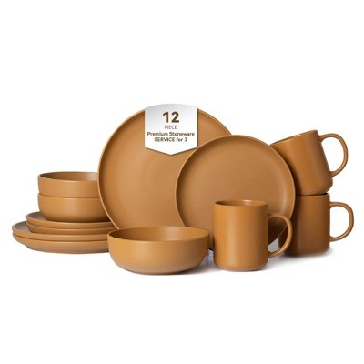 Rbied 12-Piece Stoneware Dinnerware Sets W/ Mugs, Microwave & Dishwasher Safe, Non-Toxic Dinner Plates Bowls Set, Matte Glaze Kitchenware for 3