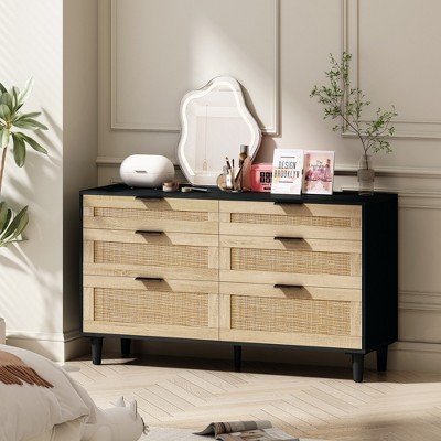 51.18"/59.06"W Rattan Dresser with 6 Drawers, Storage Cabinet with Metal Handle & Wood Legs - ModernLuxe