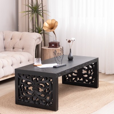 YUHAO 47" Solid Black Carved Wood Coffee Table , Handcrafted Look with Ornate Side Panels
