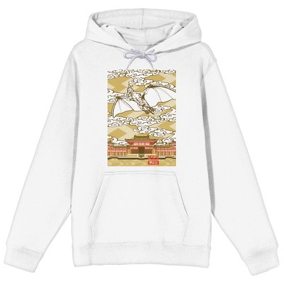 Godzilla Rodan Flying Over Temple Long Sleeve Adult White Hooded Sweatshirt