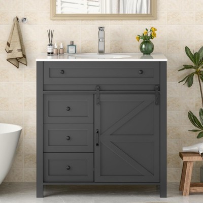 Bathroom Vanity, Vintage Vanity Cabinet with Ceramic Sink, Faucet & Drain