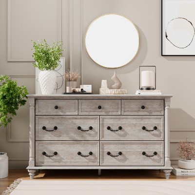 Farmhouse 7 Drawers Dresser for Bedroom with 4 Solid Wood Feet & Column Decor & Metal Slide, Storage Dressers for Bedroom