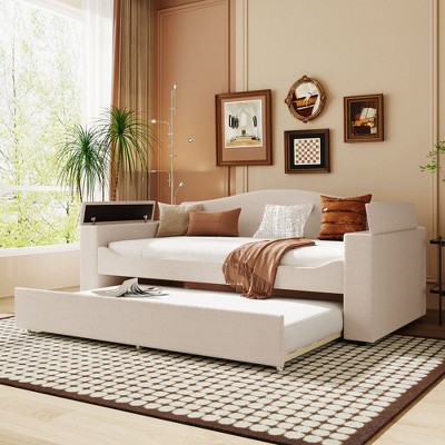Twin Size Daybed with Storage Armrests, Trundle and Latest Integrated Bluetooth Audio System