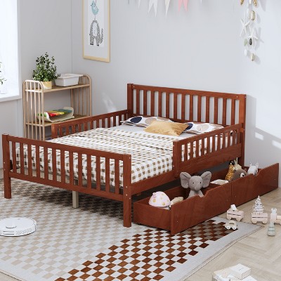 NicBex Twin/Full Size Bed Frame,Wood Platform Bed with Guardrails on Both Sides and 2 Storage Drawers,Bed Frame with Headboard for Teens,Kids