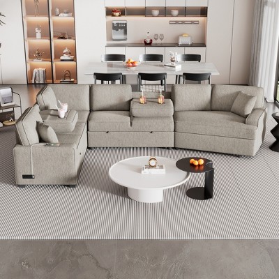 126" Convertible L-Shaped Sectional Sofa with Pull-Out Sofa Bed, Charging Ports, Cup Holders & Back Pillows