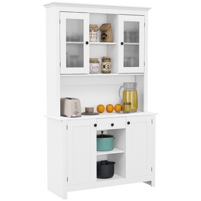 HOMCOM Freestanding Rustic Buffet with Hutch, 4 Doors Farmhouse Kitchen Pantry Cabinet, Microwave Stand with Beadboard Panel, Drawer, White