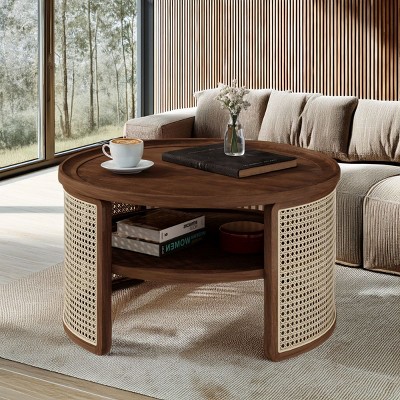 2-Tiered Round Wood Coffee Table, Wood Coffee Table Round, Coffee Table With Storage-Cuddlewood