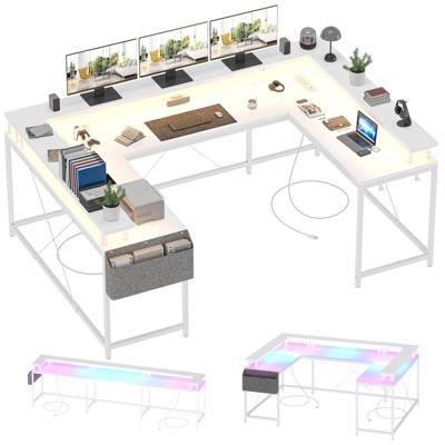 U Shaped Desk, 126 Inch Gaming Desk with Monitor Stand and LED Lights, Reversible Shaped Large Computer Desk with Power Outlets, Office Desk