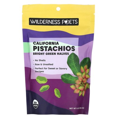 Wilderness Poets, Organic Pistachios - Bright Green Pistachio Nut Halves, No Salt, No Shells, Grown in California (8 Ounce)