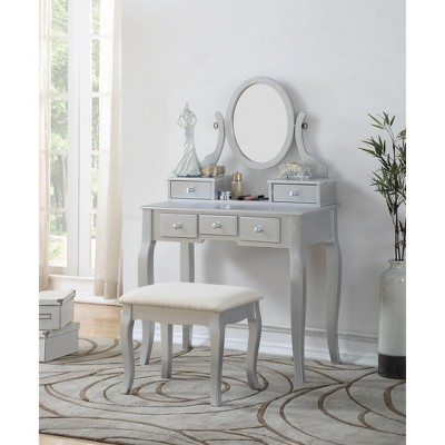 Roundhill Furniture Ashley Silver Wood Makeup Vanity Table and Stool Set