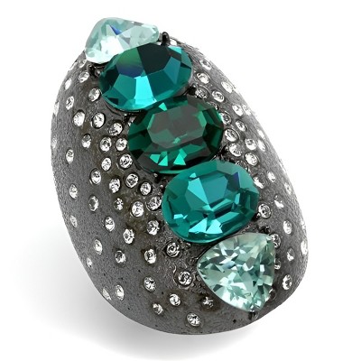 Slickblue Women’s Stainless Steel Statement Ring, Blue Green Synthetic Crystal with Clear Side Stones, IP Gun, Size 5-10