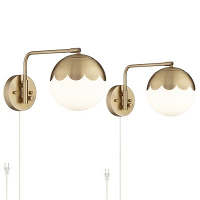 360 Lighting Kelowna Modern Swing Arm Wall Lamps Set of 2 Brass Metal Plug-in Light Fixture Globe Glass Shade for Bedroom Bedside Living Room Reading