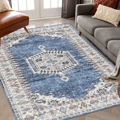 Machine Washable Vintage Floral Printed Area Rug for Bedroom Non Slip Low Pile Stain Resistant Indoor Modern Ultra Soft Carpet for Home Decor