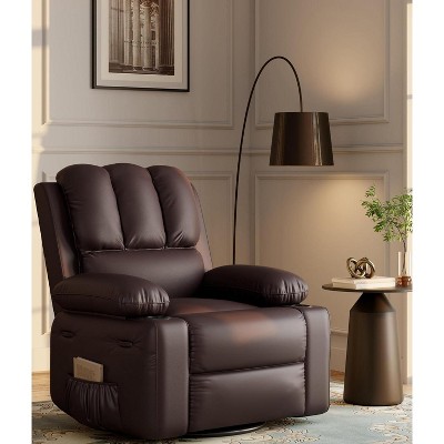22" Rocker Recliner Chair, 1.5X Sponge Filling, 360 Degree Swivel, PU Leather, Side Pockets and Cup Holders, Reclining 135 Degrees