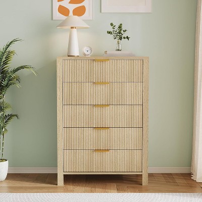 Fluted 5 Drawer Dresser,Wooden Storage Chest for Bedroom, Entryway & Living Room