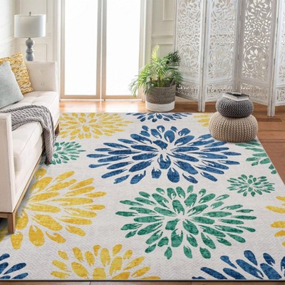 Coolmee Washable Area Rugs Non-Slip Modern Floral Indoor Rug Non-Shedding Soft Low Pile Carpet for Living Room Bedroom Home Office