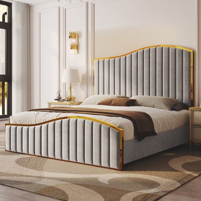 AMERLIFE Bed Frame with 61.4" High Velvet  Upholstered Headboard and Footboard