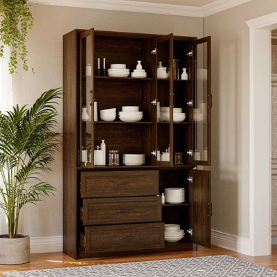 Famapy Modern Kitchen Hutch with Glass Doors,Multi-Drawer Kitchen Organizer,Kitchen Pantry with Storage,Easy Assembly,Perfect for Any Kitchen Layout