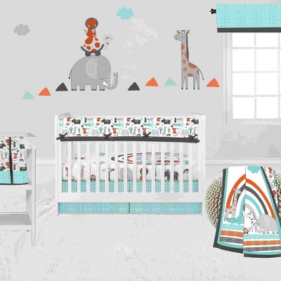 Bacati - Jungle Safari Aqua Orange Gray 6 pc Cotton Crib Bedding Set with Long Rail Guard Cover