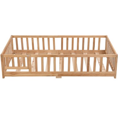DOMETOUR Full Size Floor Bed with Door, Solid Wood Platform Bed Frame with Fence , Suitable for children , Pine Wood , Natural