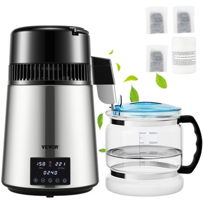 VEVOR 1.1Gal Water Distiller, 0.4Gal/H, Distilled Water Maker Machine 1750W 0-99H Timing Dual Temp Display, 304 Stainless Steel Countertop Distiller