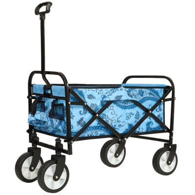 DSVIMOY Colorful Collapsible Foldable Wagon Cart, Beach Wagon, Utility Wagon Grocery for Cart Camping Shopping, Flower Blue, 25.98"*17.32"*37.4"