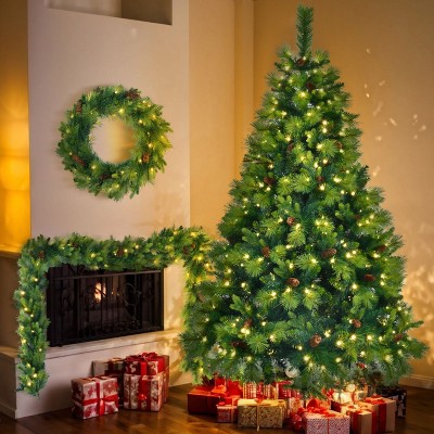 6FT Pre-Lit Aspen Fir Artificial Christmas Tree Set with Wreath & Garland, Xmas Tree with Multi-Color LED Lights - Maison Boucle