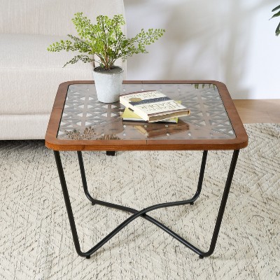 Christopher Knight Home Tierney Industrial Tempered Glass and Metal Square Coffee Table with Geometric Pattern