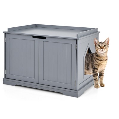 Costway Cat Litter Box  Wooden Enclosure Pet House Washroom Storage Bench Grey