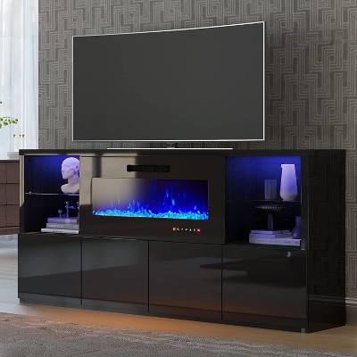 AMERLIFE 68" High Gloss Fireplace TV Stand with 40" Fireplace with LED Lights for TVs up to 78"