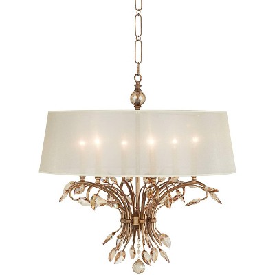 Uttermost Burnished Gold Chandelier 29" Wide French Crystal Leaf Champagne Sheer Fabric Shade 6-Light for Dining Room House Foyer