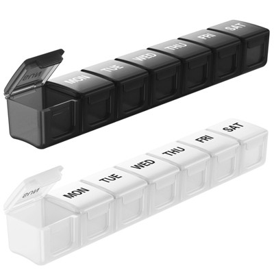 BUG HULL Weekly Pill Organizer, Travel Pill Organizers, 7 Day Pill Box, Medicine Pill Case for Vitamins, Supplements, 2 Packs (Black+White)