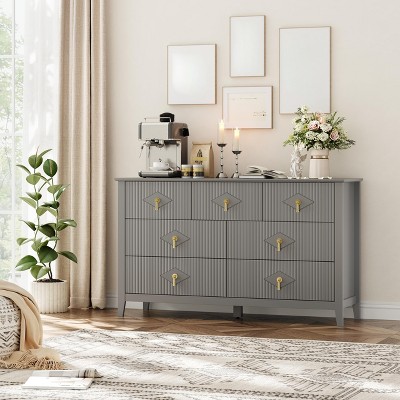 7 Drawer Dresser for Bedroom, 54"W Wooden Chest of Drawers with Metal Handles, Fluted Clothes Storage Organizer, Dresser TV Stand for Hallway
