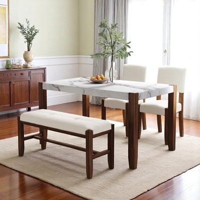 4-Piece Dining Table Set with Faux Marble 46" Table, 2 Upholstered Chairs and Bench, Space-Saving Kitchen Dinette for Dining Room or Kitchen