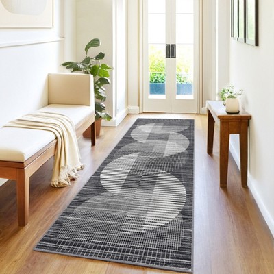 Washable Area Rugs Living Room Modern Geometric Stripes Rug Non Slip Low Pile Semi-Circle Pattern Rug Dining Room Office Nursery Throw Carpet