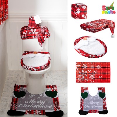 Joyfy 5Pcs Christmas Gnome Toilet Seat Cover, Bathroom Decor Set with Rugs Tank Cover Toilet Paper Box Cover and Santa Towel Christmas Decoration