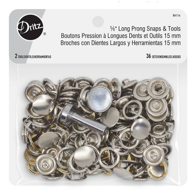 Dritz 36ct Snaps Long Prong & Tools Nickel: Metal Sewing Fasteners, Heavy Duty Snaps, Silver, 4.8" Length