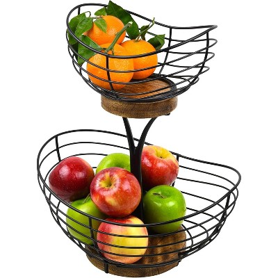 Enlea Modern Farmhouse 2 Tier Fruit Basket for Kitchen Counter, Wire and Wooden Base Fruit Bowl/Stand for Kitchen Countertop Decor