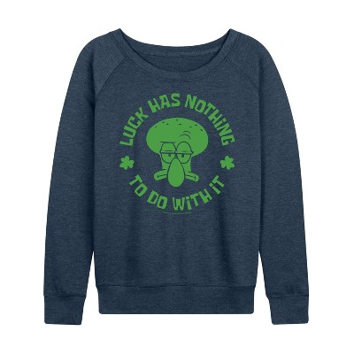 Women's - SpongeBob Squarepants - Squidward Luck Lightweight French Terry Wide Neck Long Sleeve Graphic Shirt