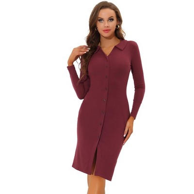 INSPIRE CHIC Women's Collar V Neck Button Decor Long Sleeve Slit Front Knit Bodycon Dresses