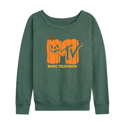 Women's - MTV - Logo Jack O Lantern Lightweight French Terry Wide Neck Long Sleeve Graphic Shirt