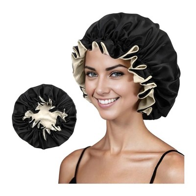 Anna-Kaci Satin Sleep Bonnet Double Layer Ruffled Edge Reversible Silky Cap
