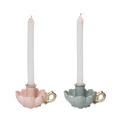 Transpac Stoneware Flower Taper Candle Holder Set of 2 Elegant Home Decor for Everyday Use