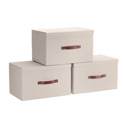 Ornavo Home 3 Pack Foldable Linen Large Storage Bin with Faux Leather Handles and Lid