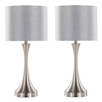LumiSource: Lenuxe 25" Brushed Nickel Table Lamps with USB, Gray Linen Drum Shade (Set of 2)
