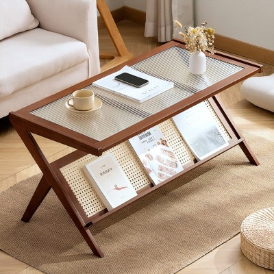 39" Bamboo and Glass Coffee Table with Z-Shaped Frame and Storage for Living Room, Bedroom