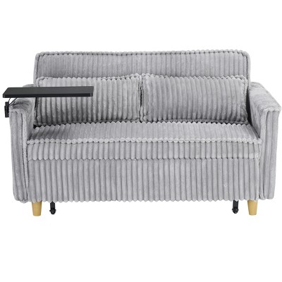 TiramisuBest Beige Corduroy Sofa: Dual-Function Pull-out & Push-in Design, Comes with Movable Tabletop and USB Ports, for Living Rooms and Bedrooms!