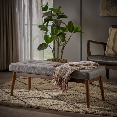 Sapphtopaz Mid-Century Tufted Ottoman Bench, Upholstered Fabric Accent Stool with Rubberwood Legs, Entryway Benches, Stylish Footrest