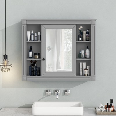 35" x 28" Wall Mounted Bathroom Storage Cabinet, Medicine Cabinet, Modern Bathroom Wall Cabinet with Mirror, Mirror Cabinet with 6 Open Shelves Grey