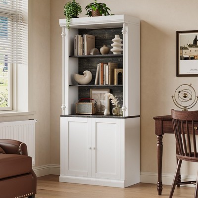 Tall Storage Bookcase with 3-Tier Open Shelves and Double Door, Roman Column Design and 4 Adjustable Lights, White
